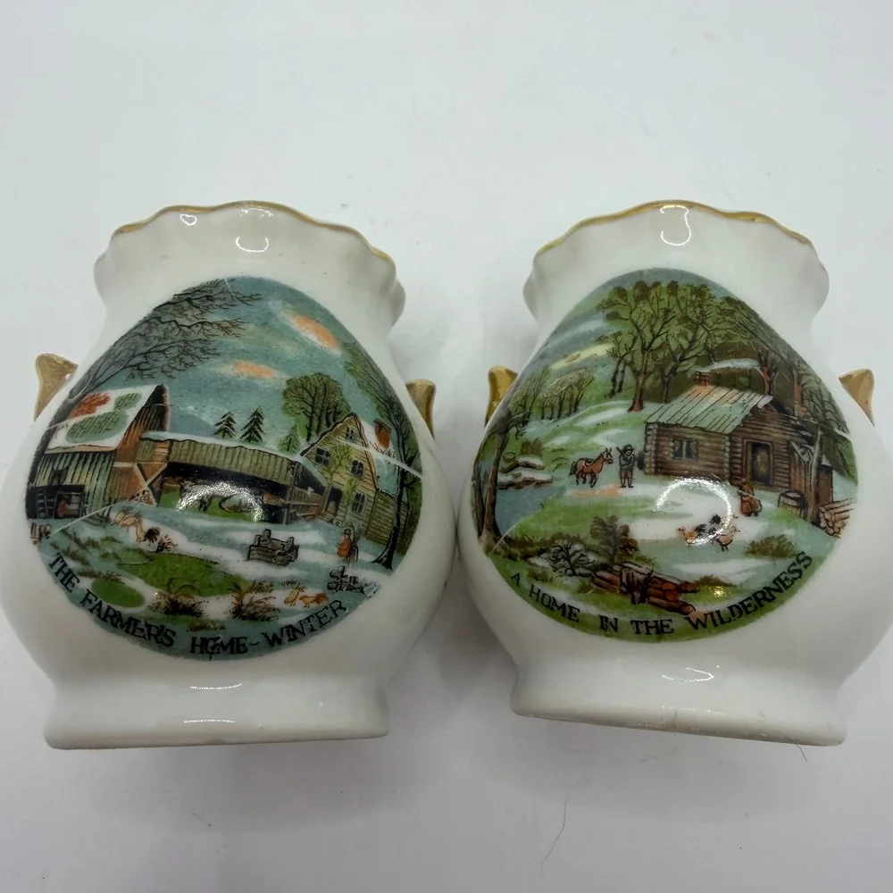 Vintage Enesco Homestead Salt and Pepper Shakers Winter Scenes Gold Trim Set
